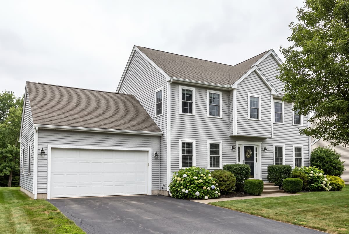 Typical New England home with freshly installed gray vinyl lap siding and white trim