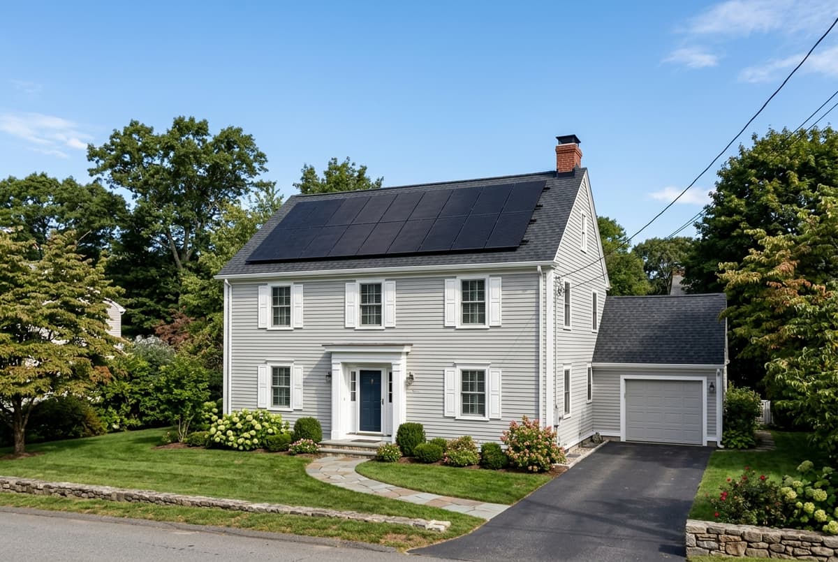 New England home with solar panels installed on new roof