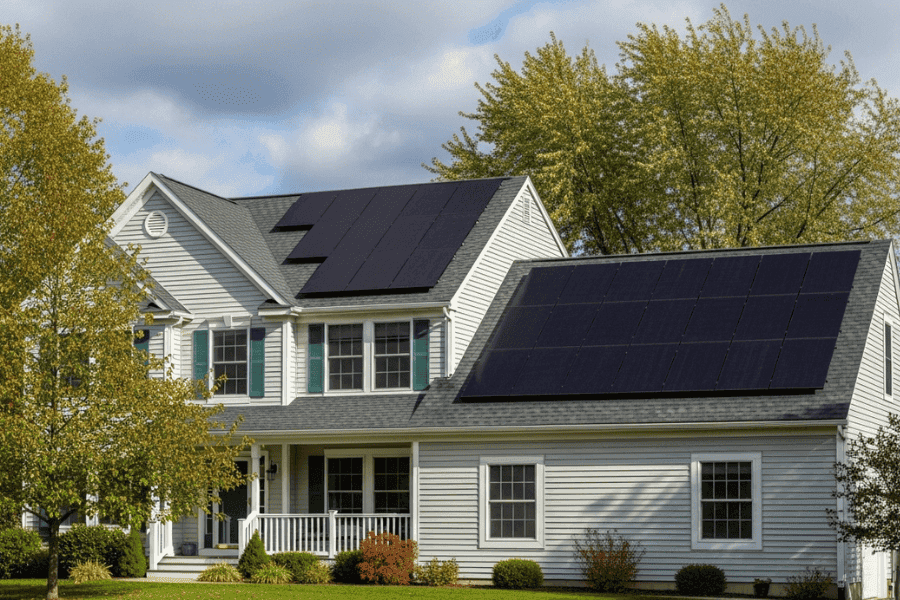 New England home with solar panels installed on new roof
