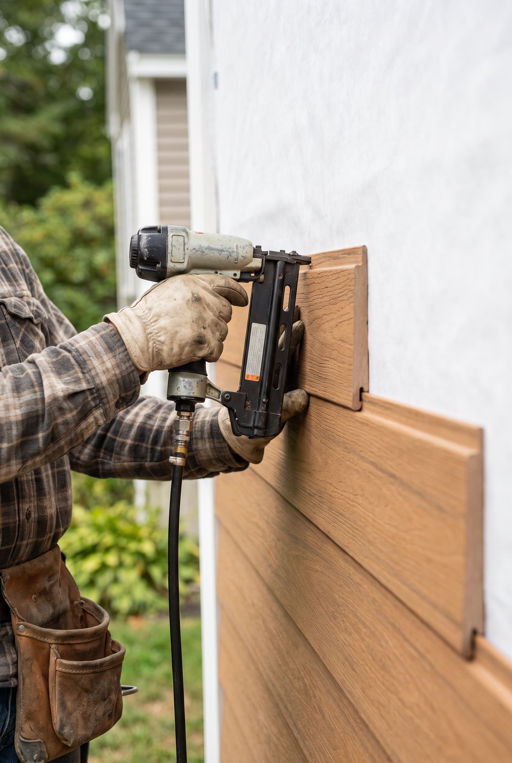 Global Roofing installer fastening lap siding to spec over house wrap