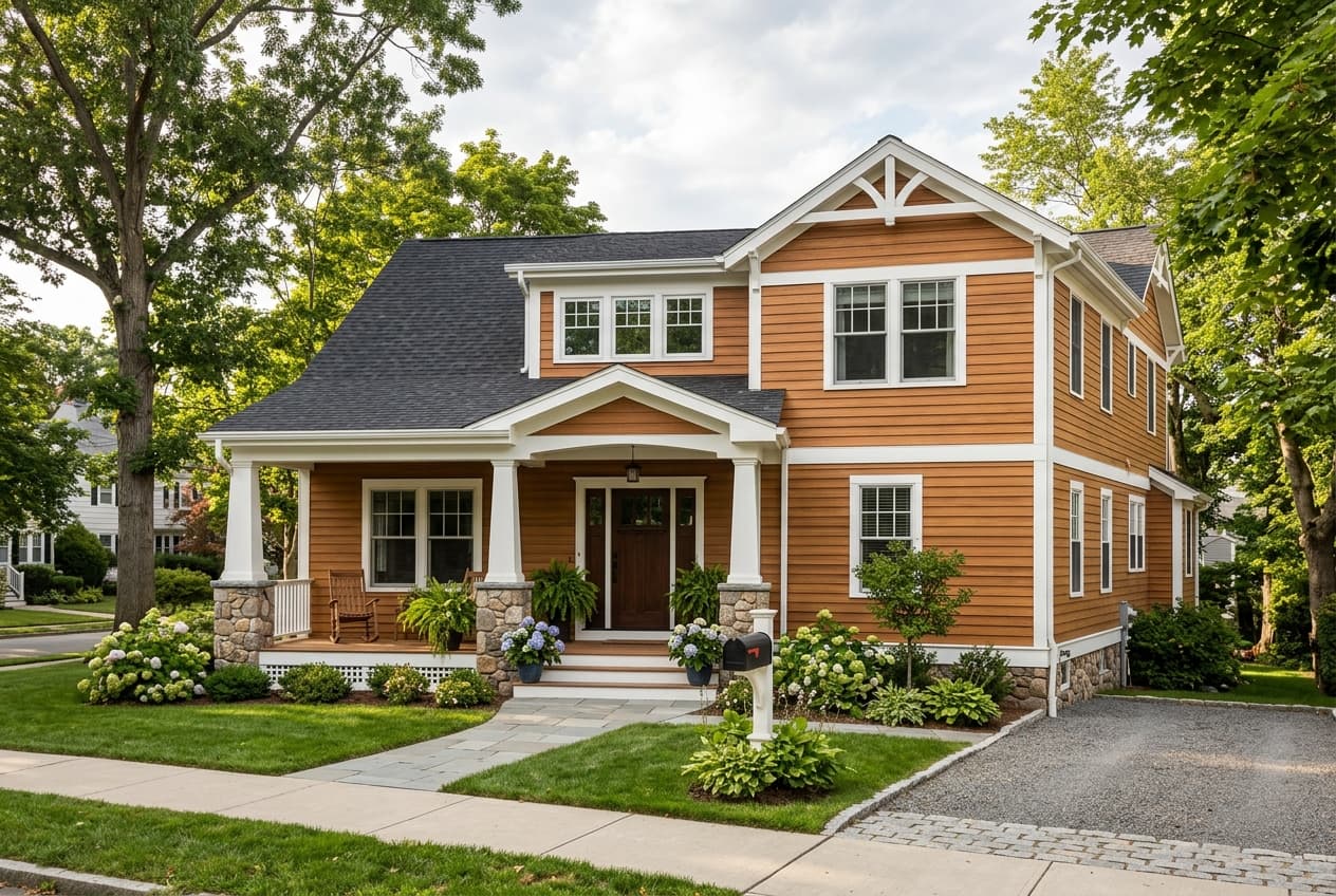 Craftsman-style New England home clad in warm engineered wood lap siding