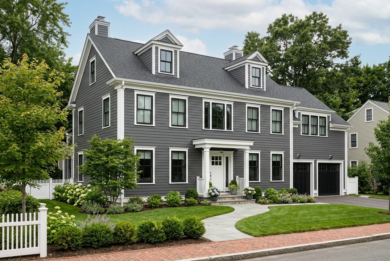 Two-story New England Colonial clad in charcoal fiber cement lap siding