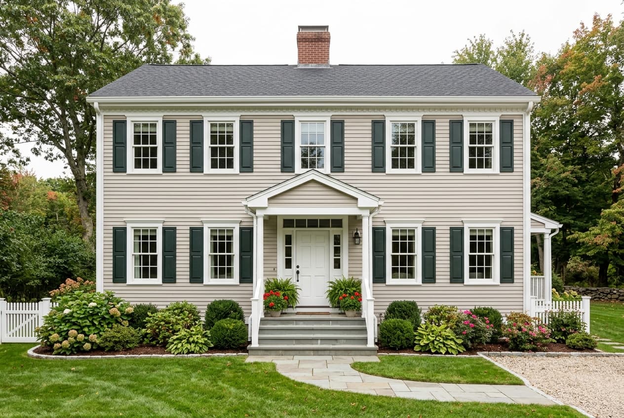 New England colonial home with clean vinyl lap siding and white trim