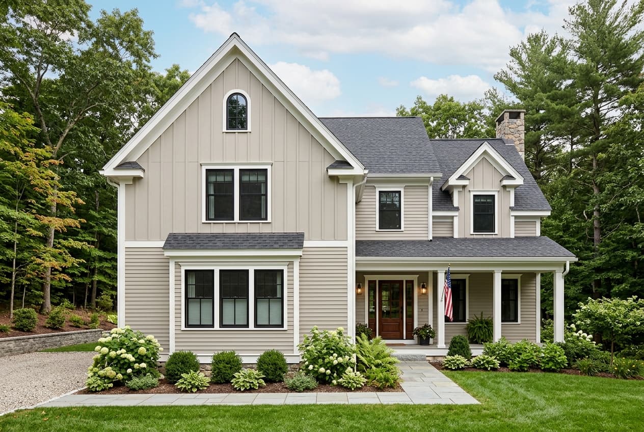 New England home in one greige color with lap siding on the body and board-and-batten on the gables