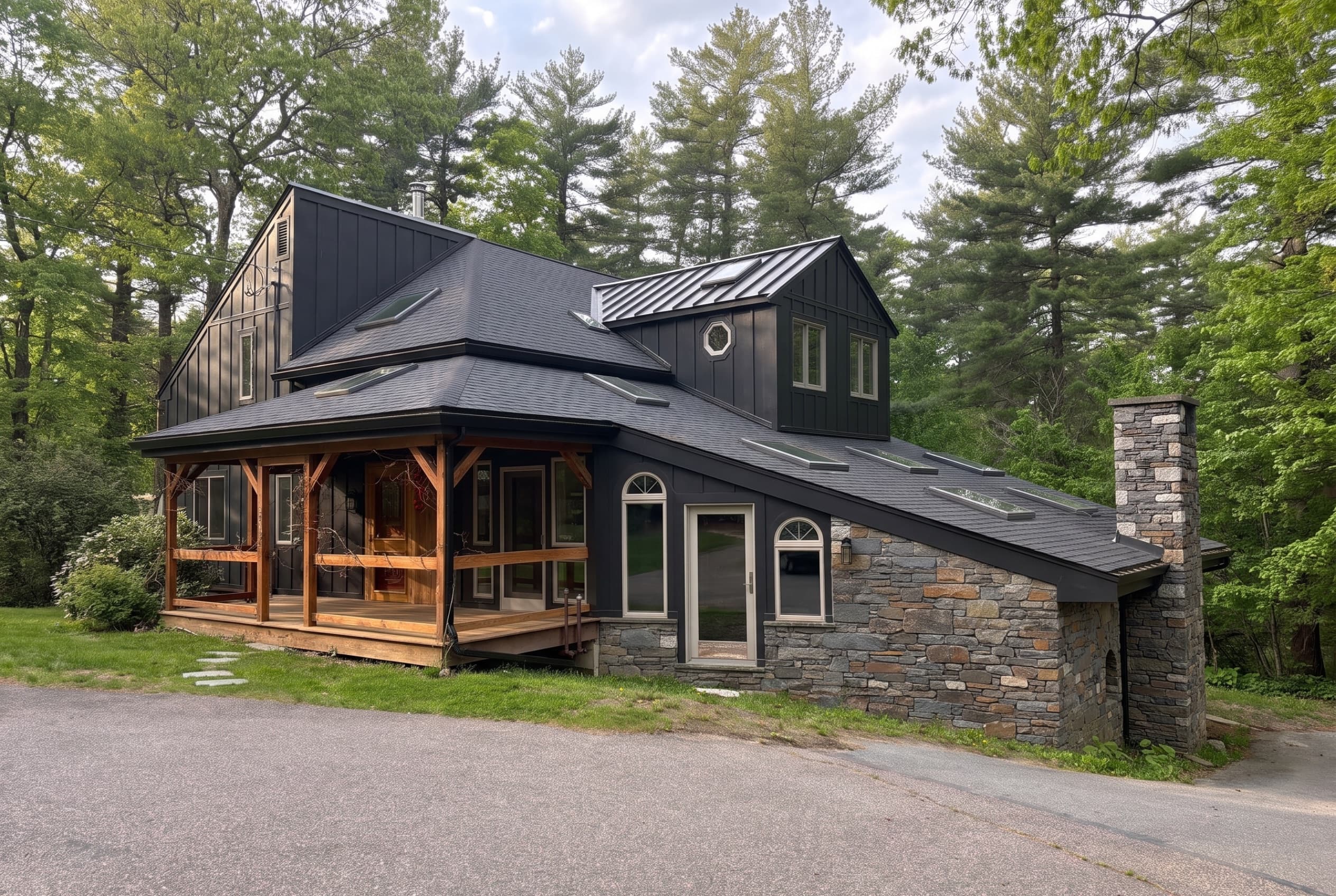Dark charcoal board-and-batten siding on a New England home with a timber-frame porch and a stone chimney