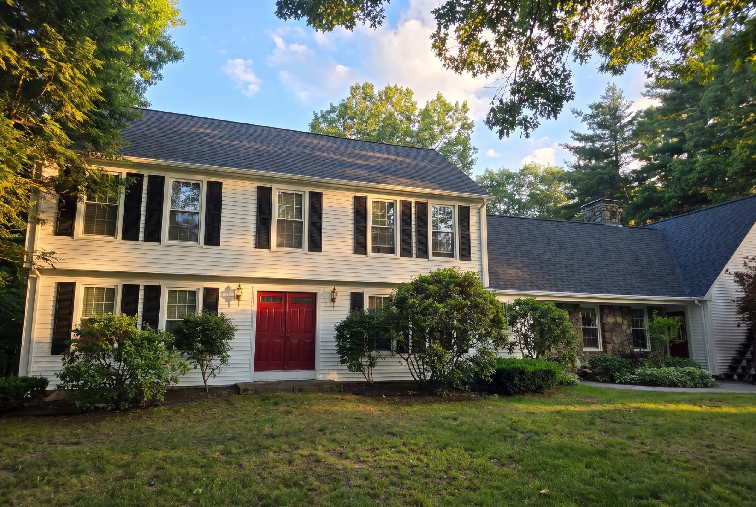 Cream-colored New England colonial with new white lap siding, black shutters, and a red front door