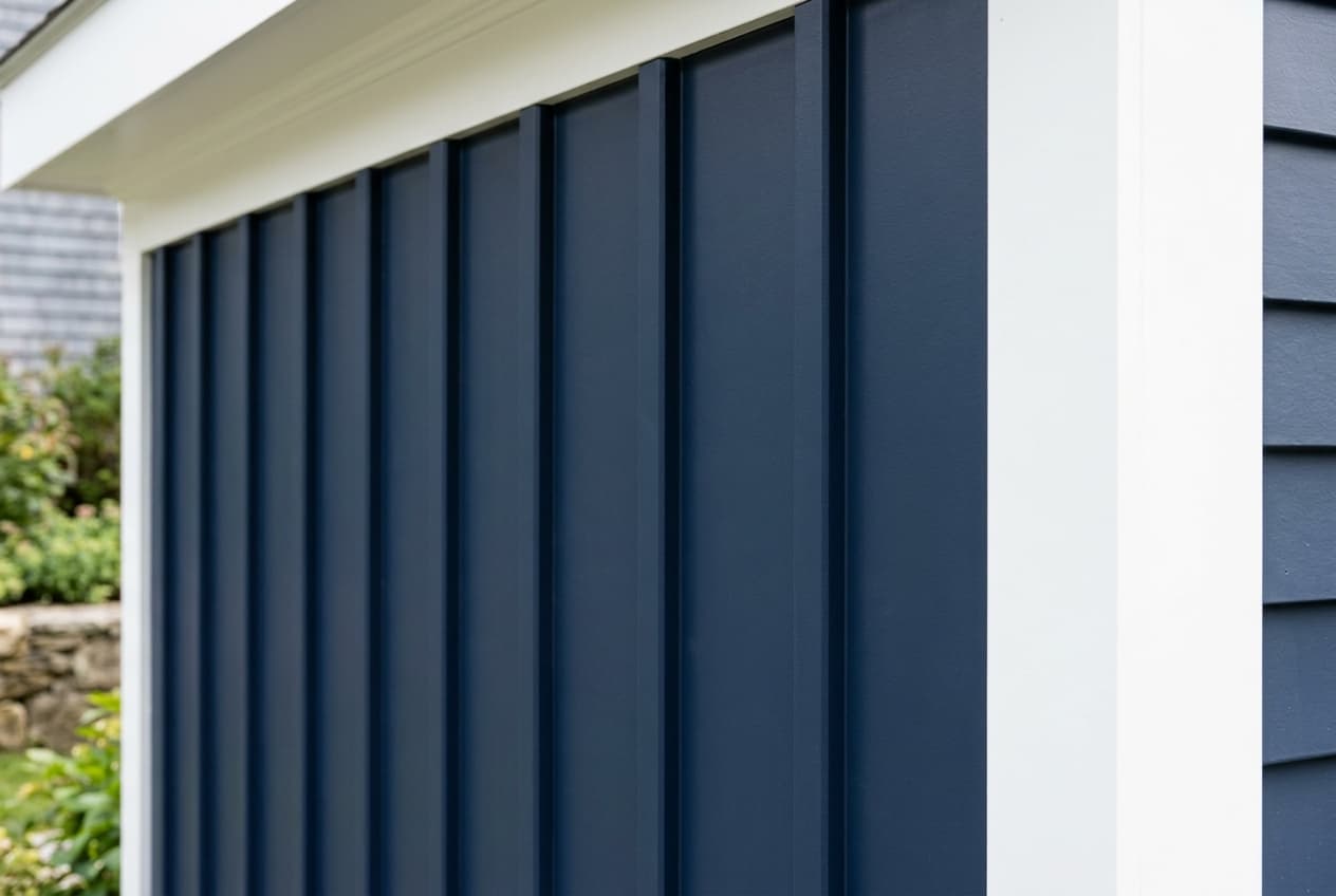 Vertical board-and-batten siding in deep navy with white trim