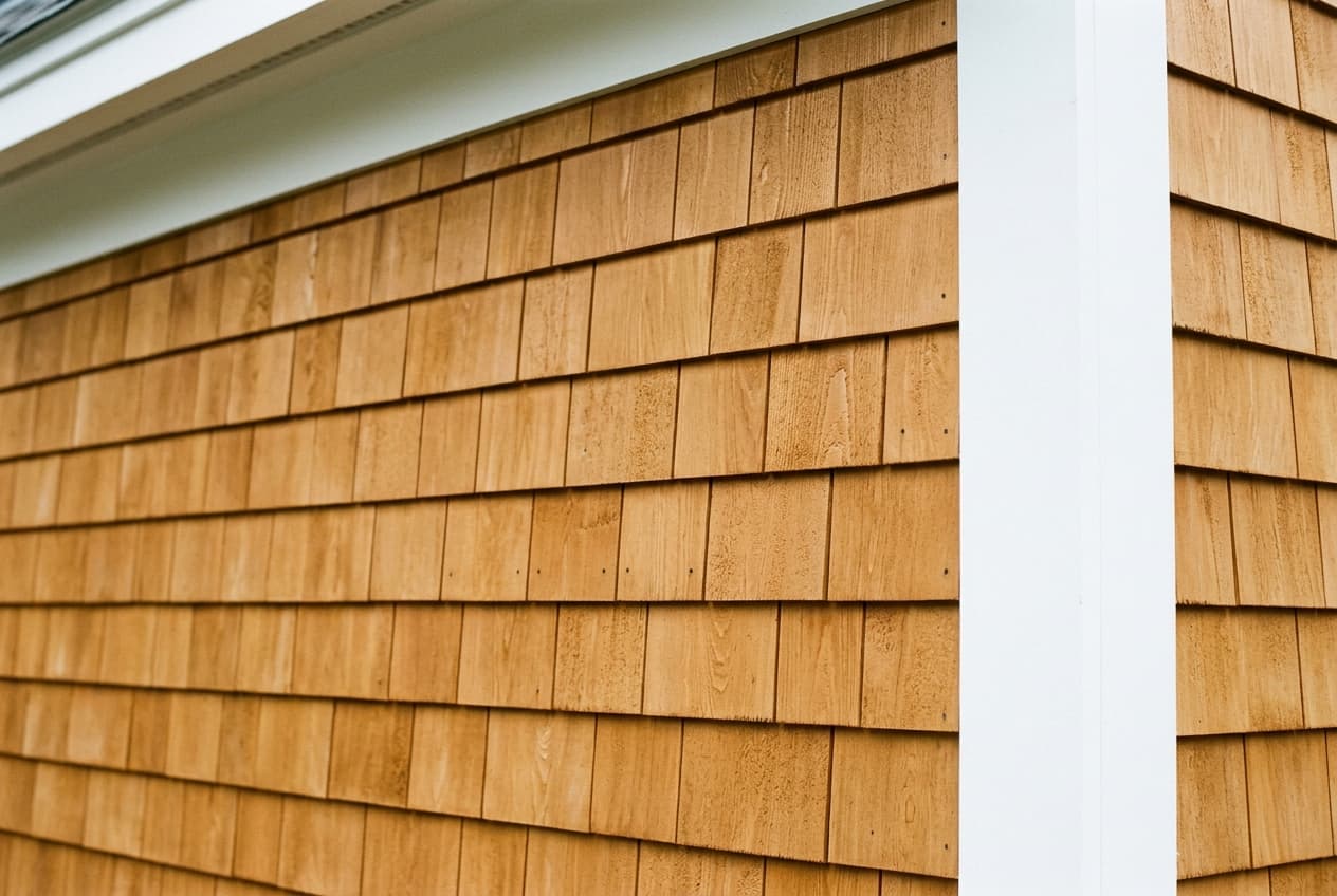 Warm honey-toned cedar shake shingle siding in even courses