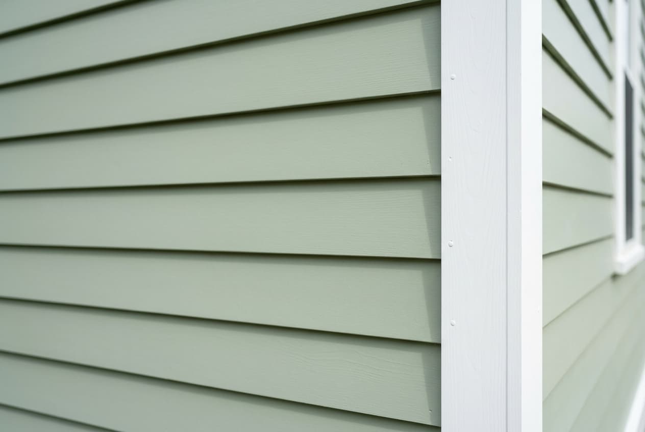 Horizontal clapboard lap siding in soft sage green with white corner trim