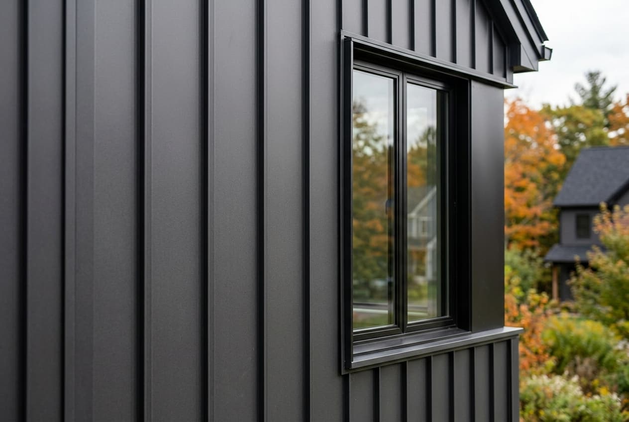 Matte charcoal vertical panel siding with a black-framed window