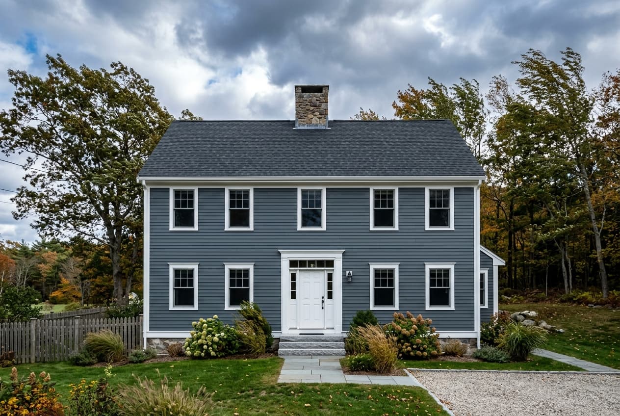 Two-story New England Colonial with new siding standing up to the weather