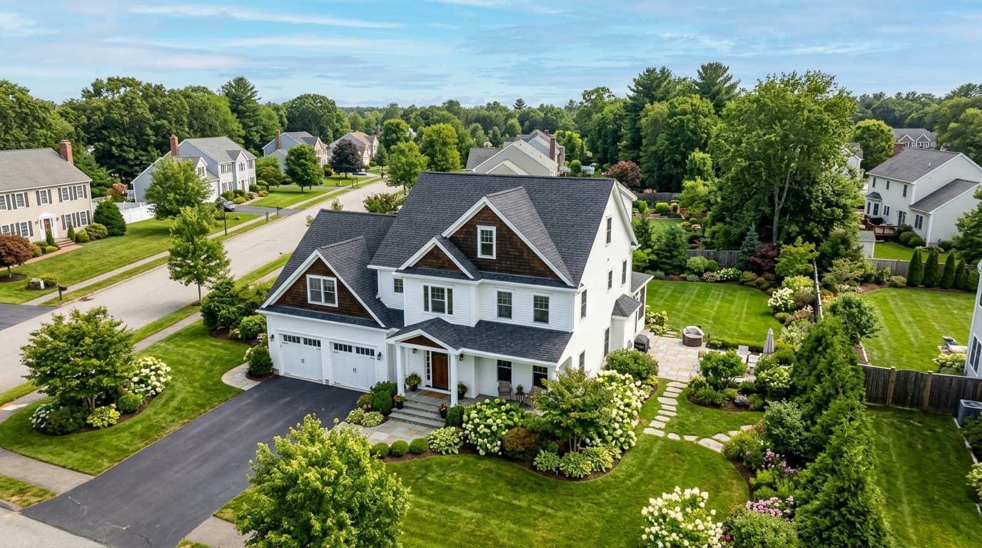 Aerial view of suburban home with new architectural shingle roof