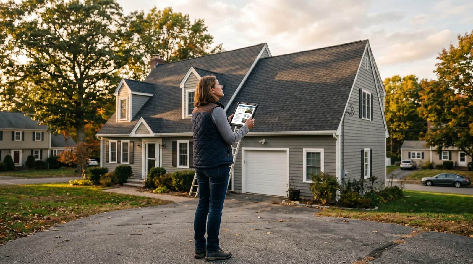 Homeowner reviewing a tablet roof inspection report while standing back to view her home's roof