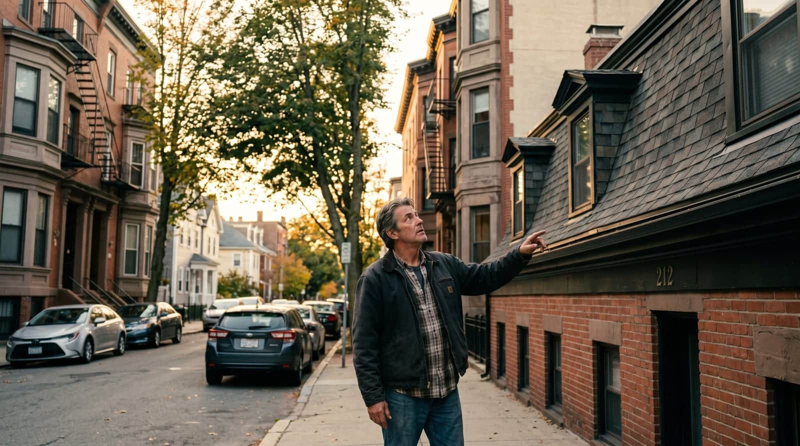Boston homeowner looking up at the mansard roof of a brownstone triple-decker on a dense city street