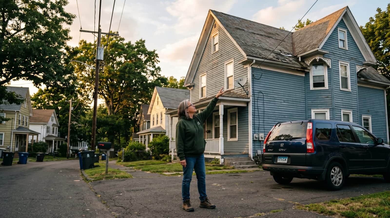 Bridgeport, Connecticut homeowner inspecting the shingles on a working-class Victorian two-family home