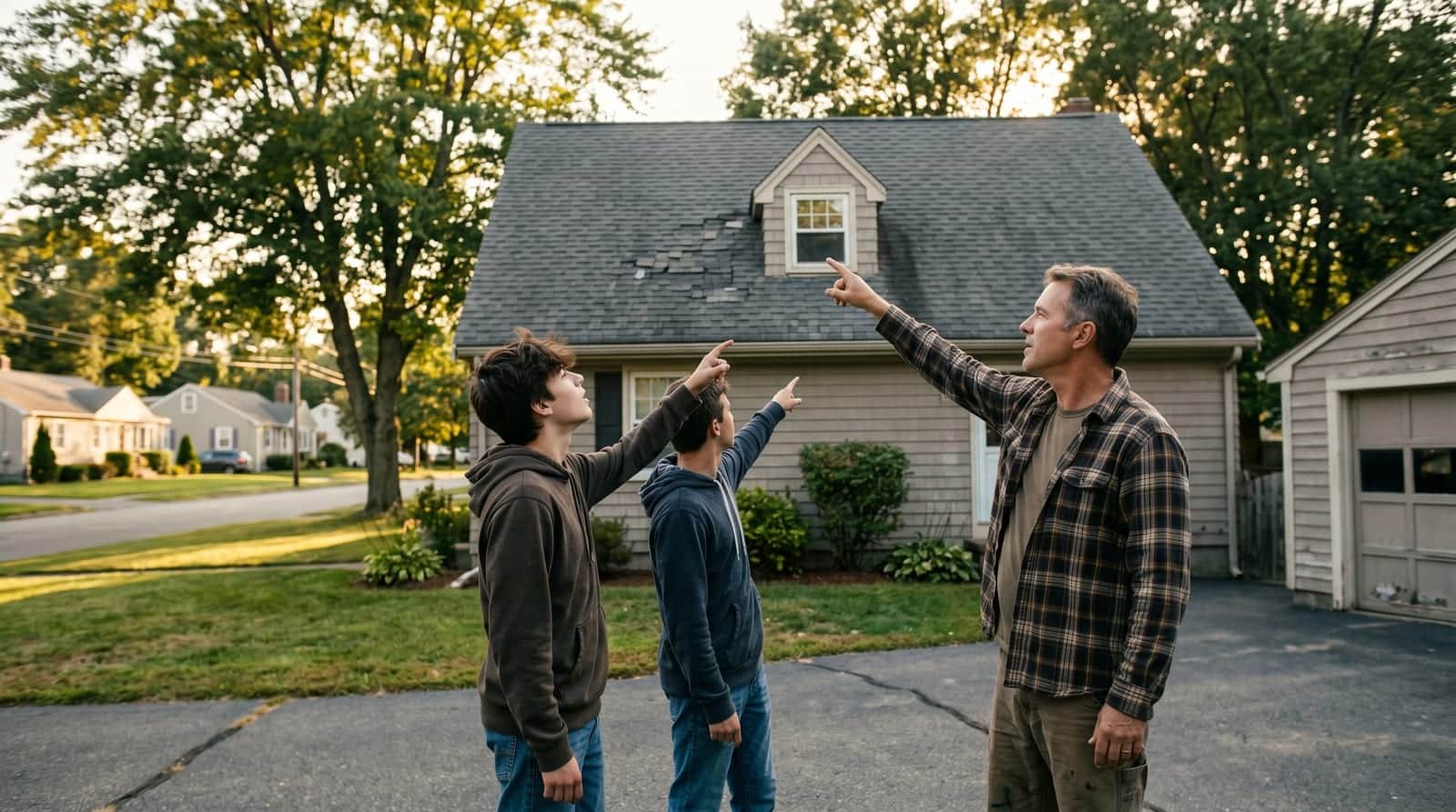 Brockton father and son pointing up at the roof of their Cape Cod ranch on a suburban tree-lined street