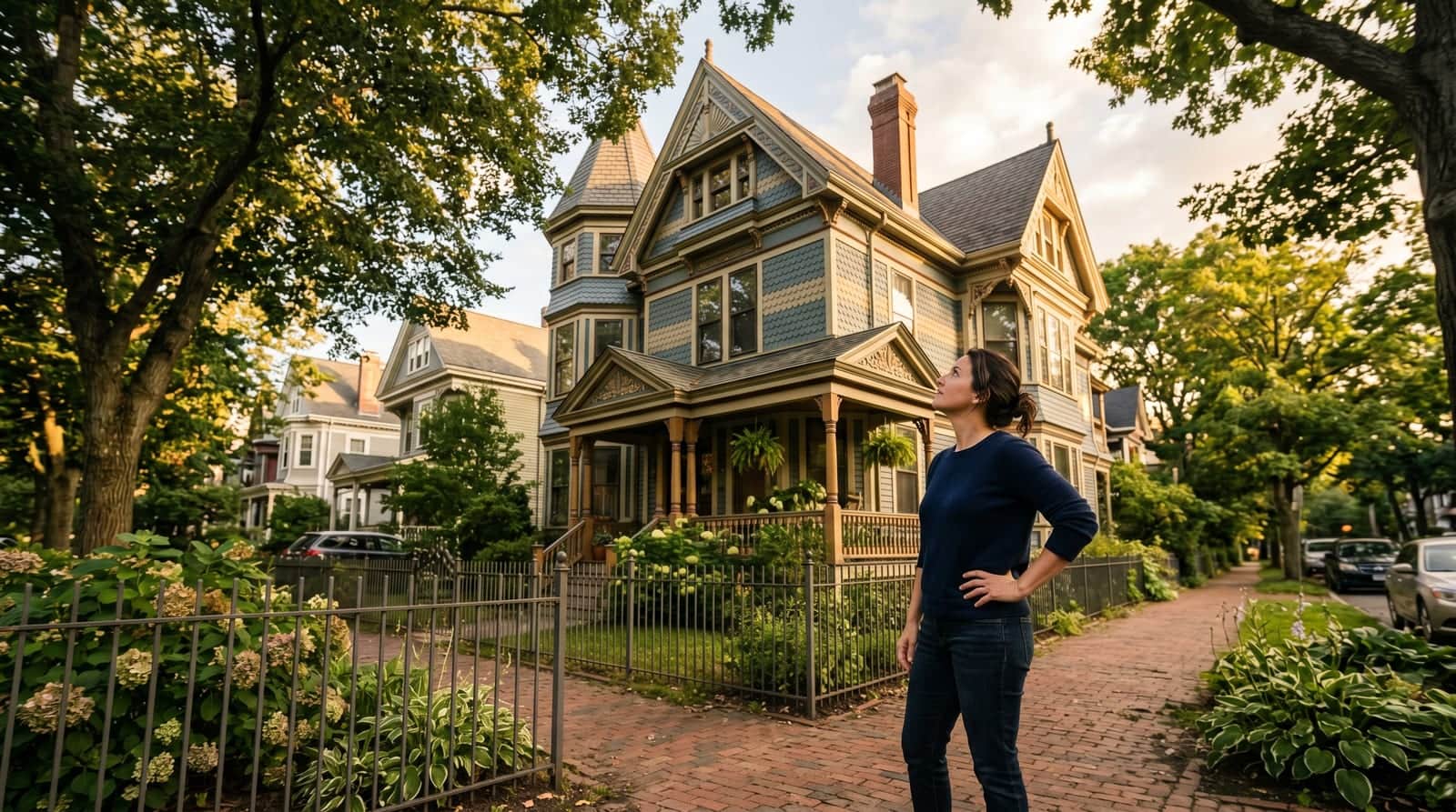 Cambridge homeowner inspecting the ornate gabled roof of a Queen Anne Victorian on a leafy residential street