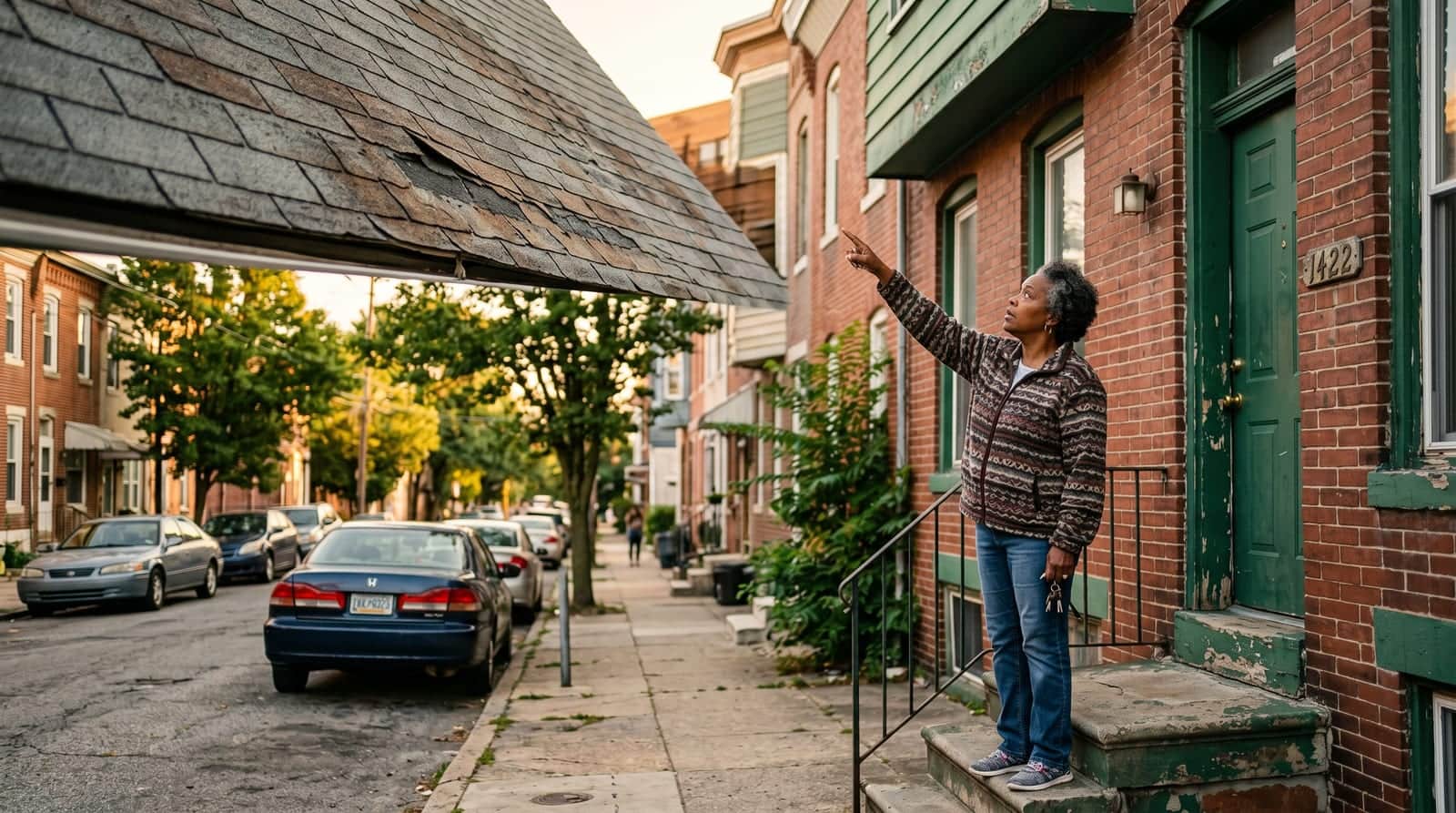 Camden NJ homeowner on a row-home stoop pointing up at the shingle roof