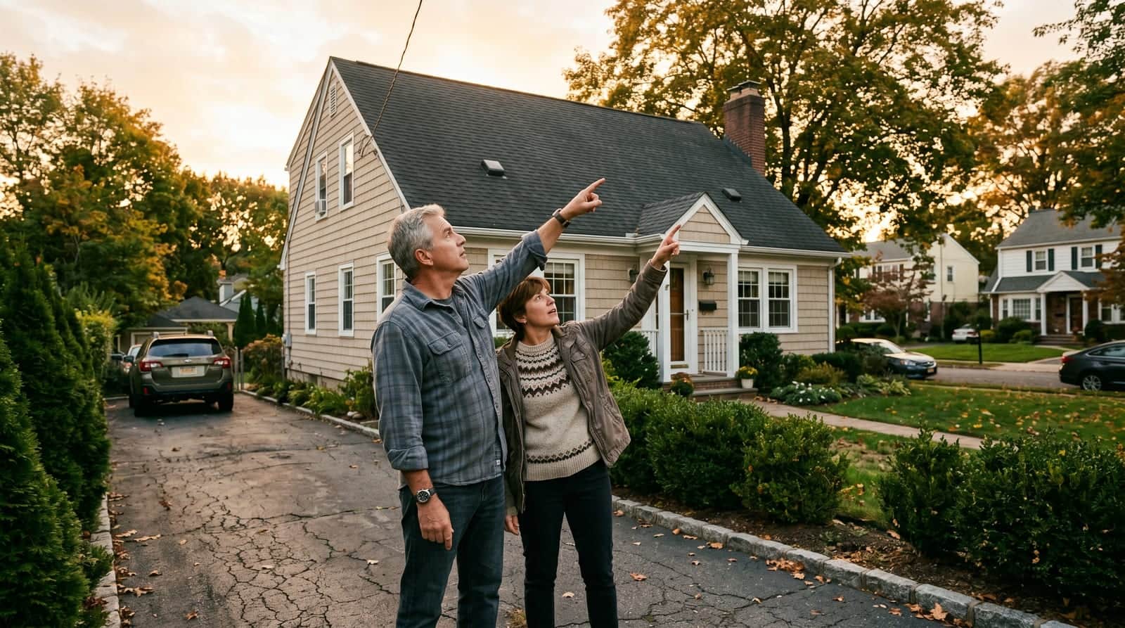 Clifton NJ couple in their driveway pointing up at the roof of their Colonial home