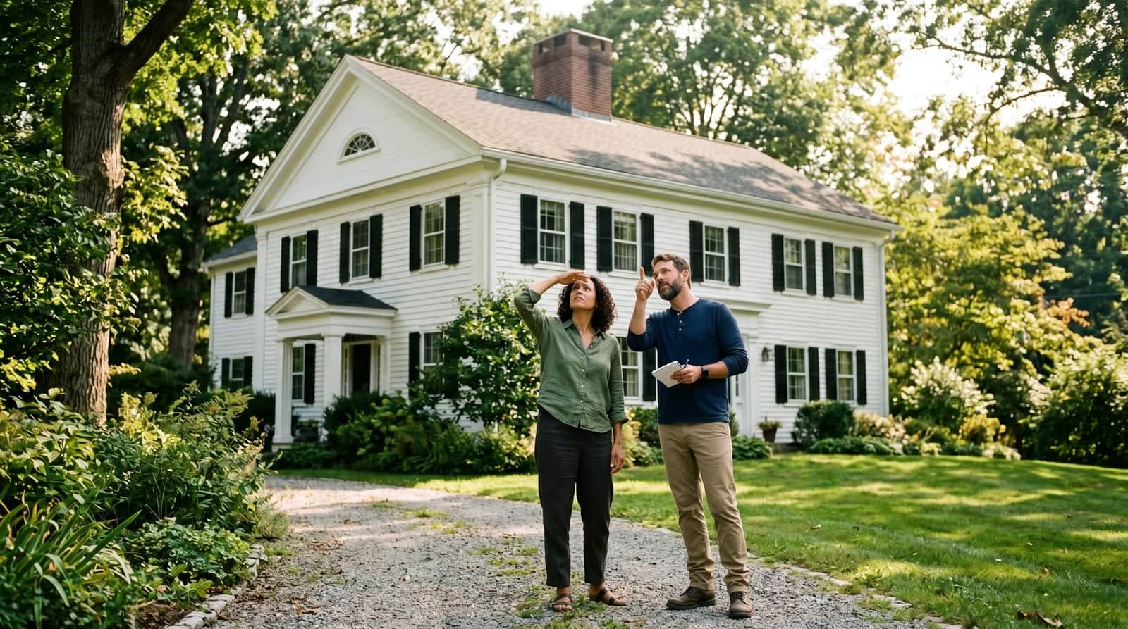 Connecticut homeowners inspecting the roofline of their Greek Revival colonial home