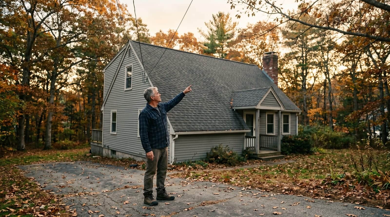 Coventry homeowner inspecting the roof of his wooded-lot Cape Cod home