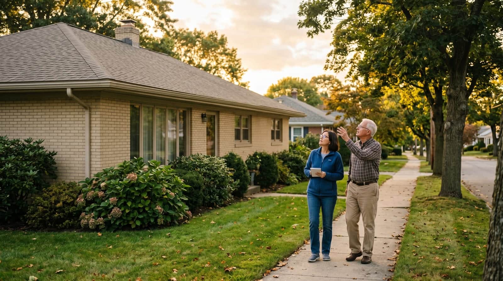 Cranston homeowners inspecting the roof of their mid-century ranch home