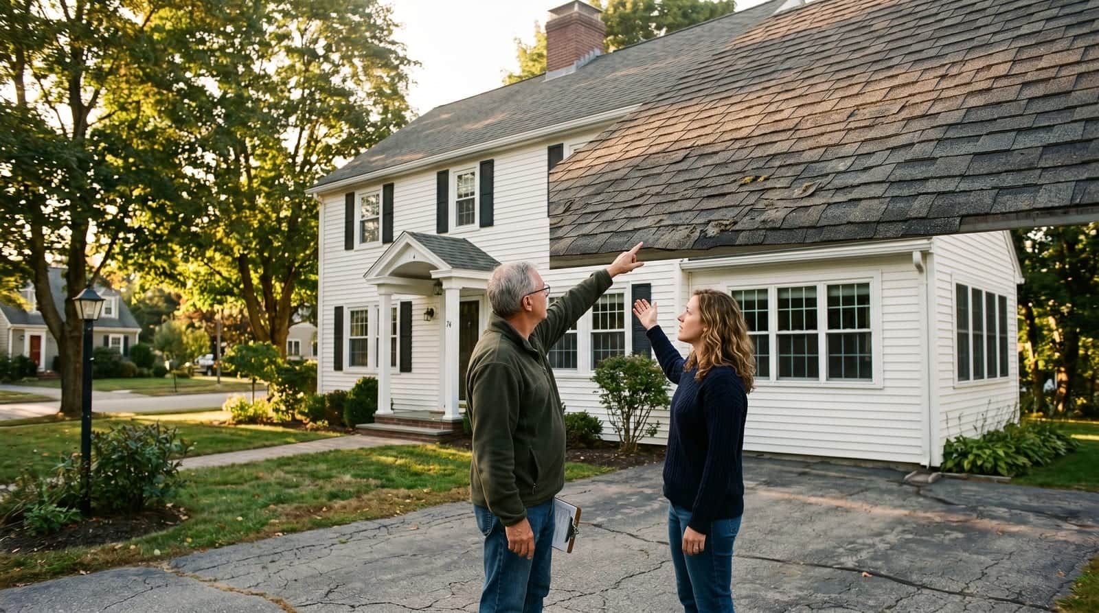 Cumberland homeowners inspecting the roof of their tree-lined Colonial