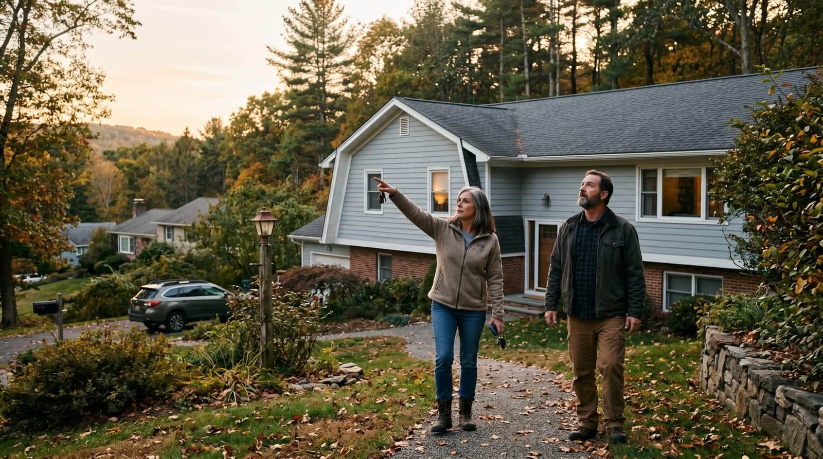 Danbury, Connecticut couple looking up at the roof of their suburban Colonial home on a wooded lot