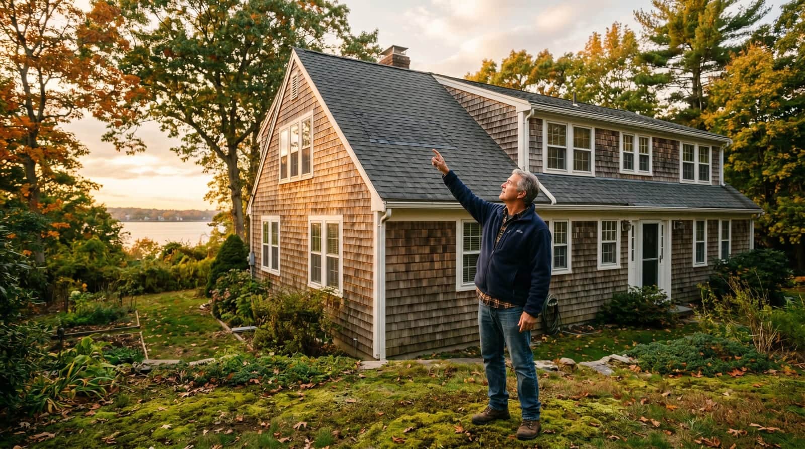 East Providence homeowner inspecting the roof of his waterfront-adjacent Colonial