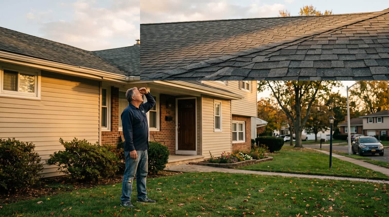 Edison NJ homeowner on the front lawn inspecting the shingles of a split-level home