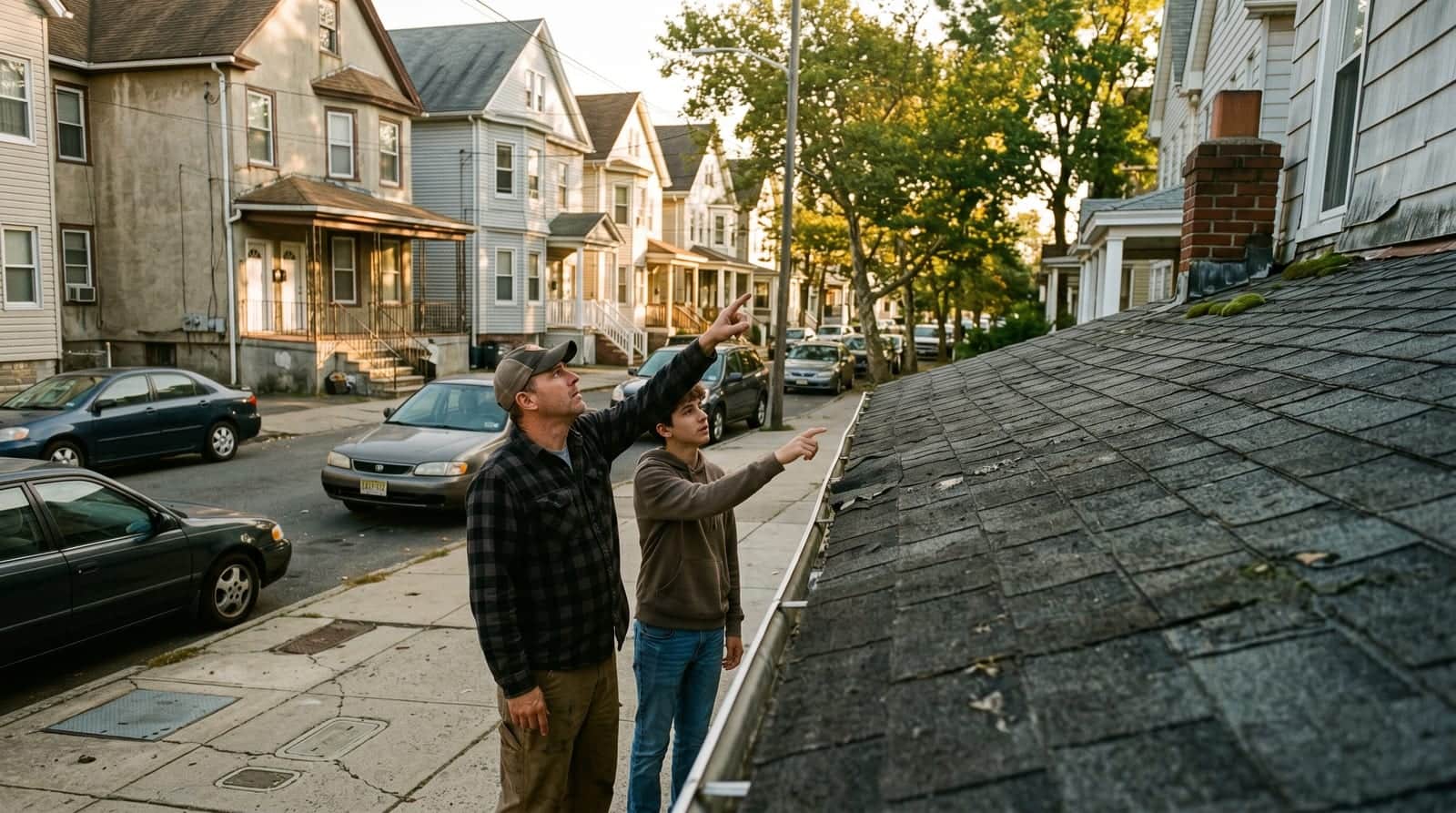 Father and son on an Elizabeth NJ sidewalk pointing up at the roof of their multi-family home