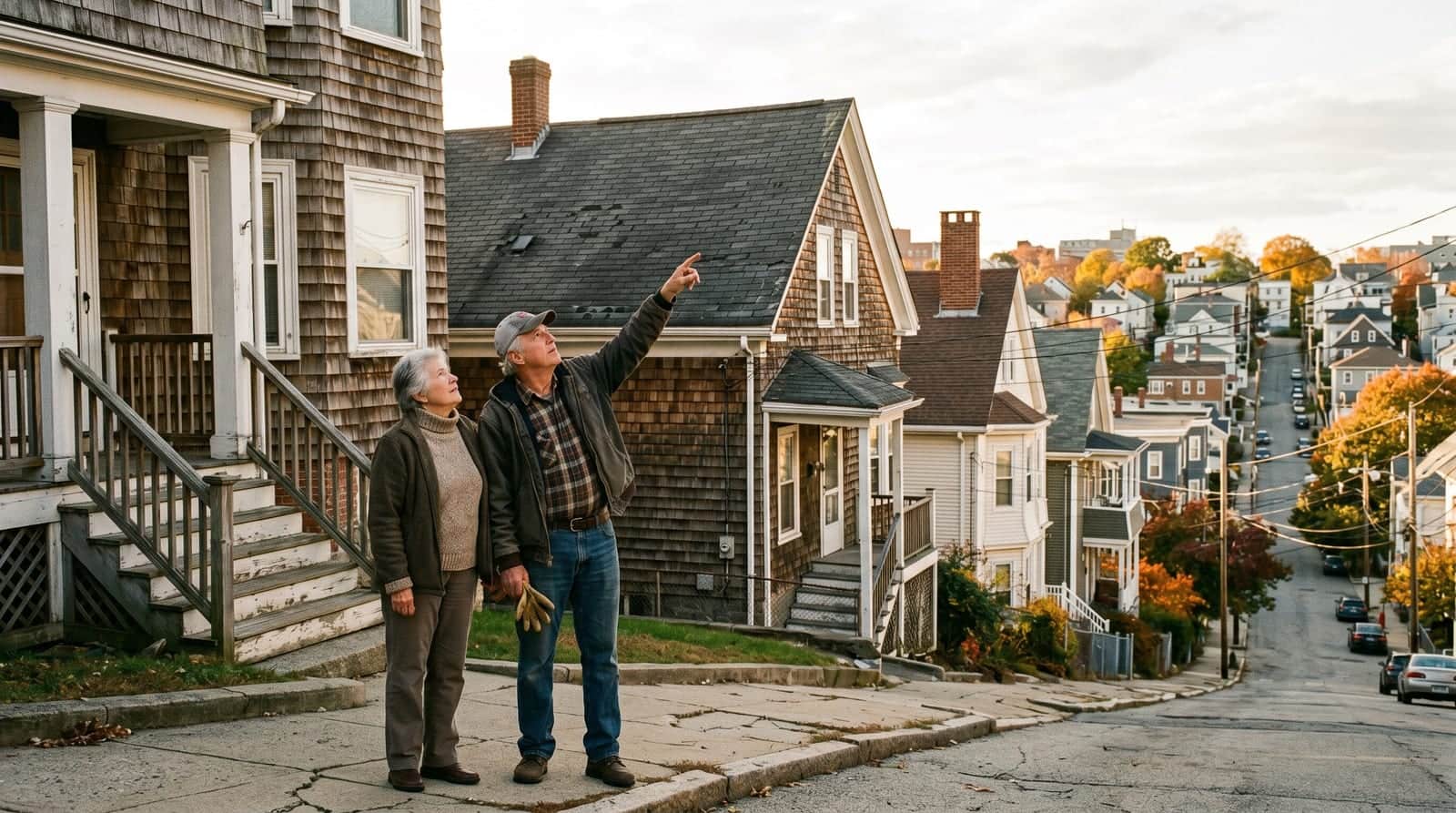 Fall River homeowners inspecting the roof of a shingle-sided triple-decker on a hilly city street