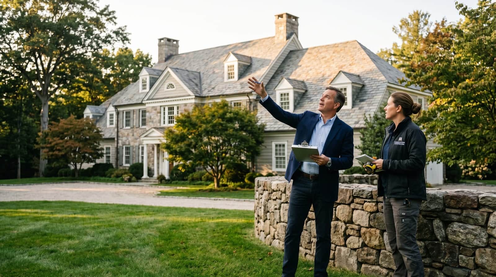 Greenwich, Connecticut homeowner reviewing the roofline of a stately center-hall Colonial estate with a clipboard in hand
