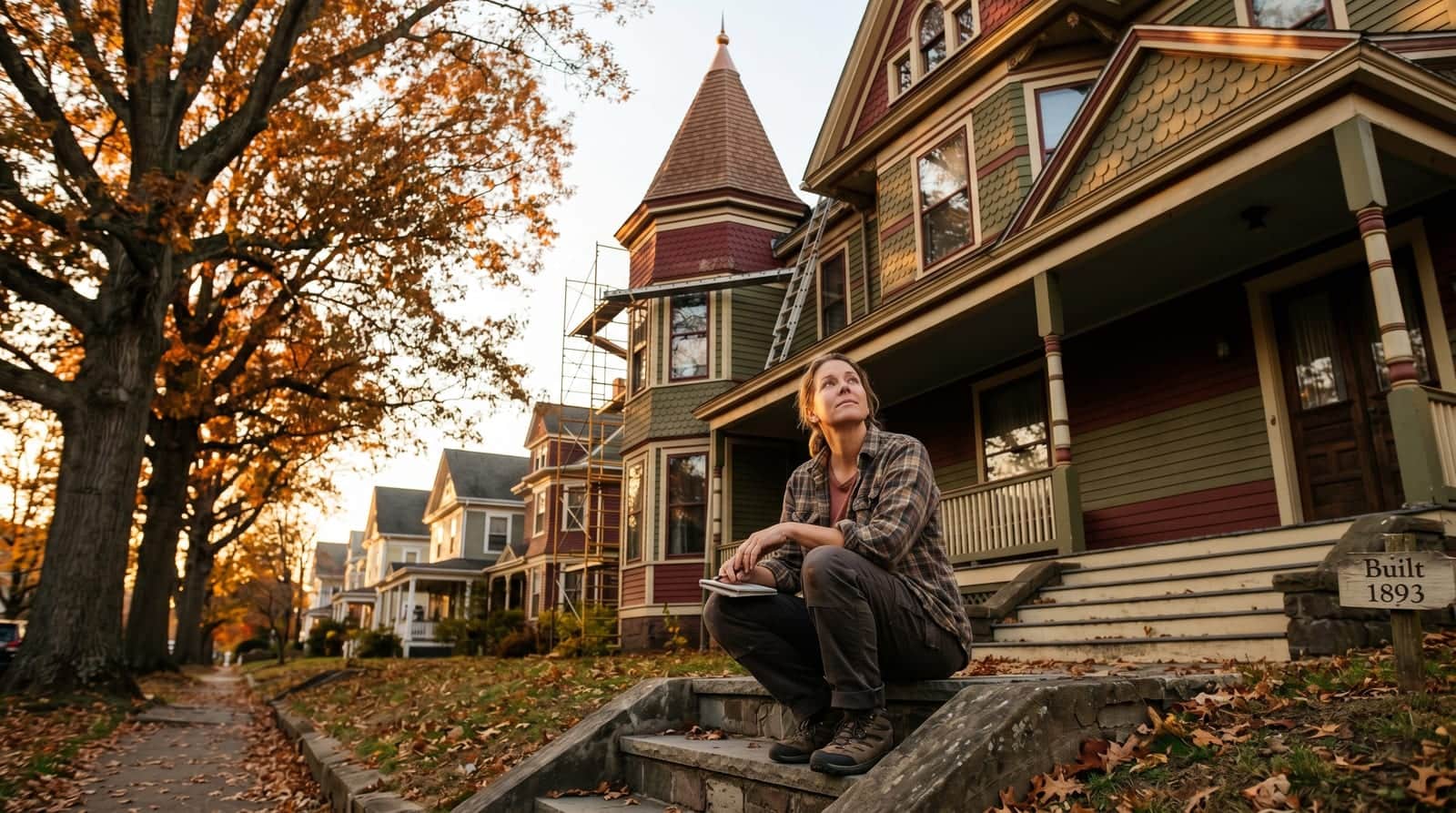 Hartford, Connecticut homeowner inspecting the turret roofline of a historic Queen Anne Victorian from the front steps