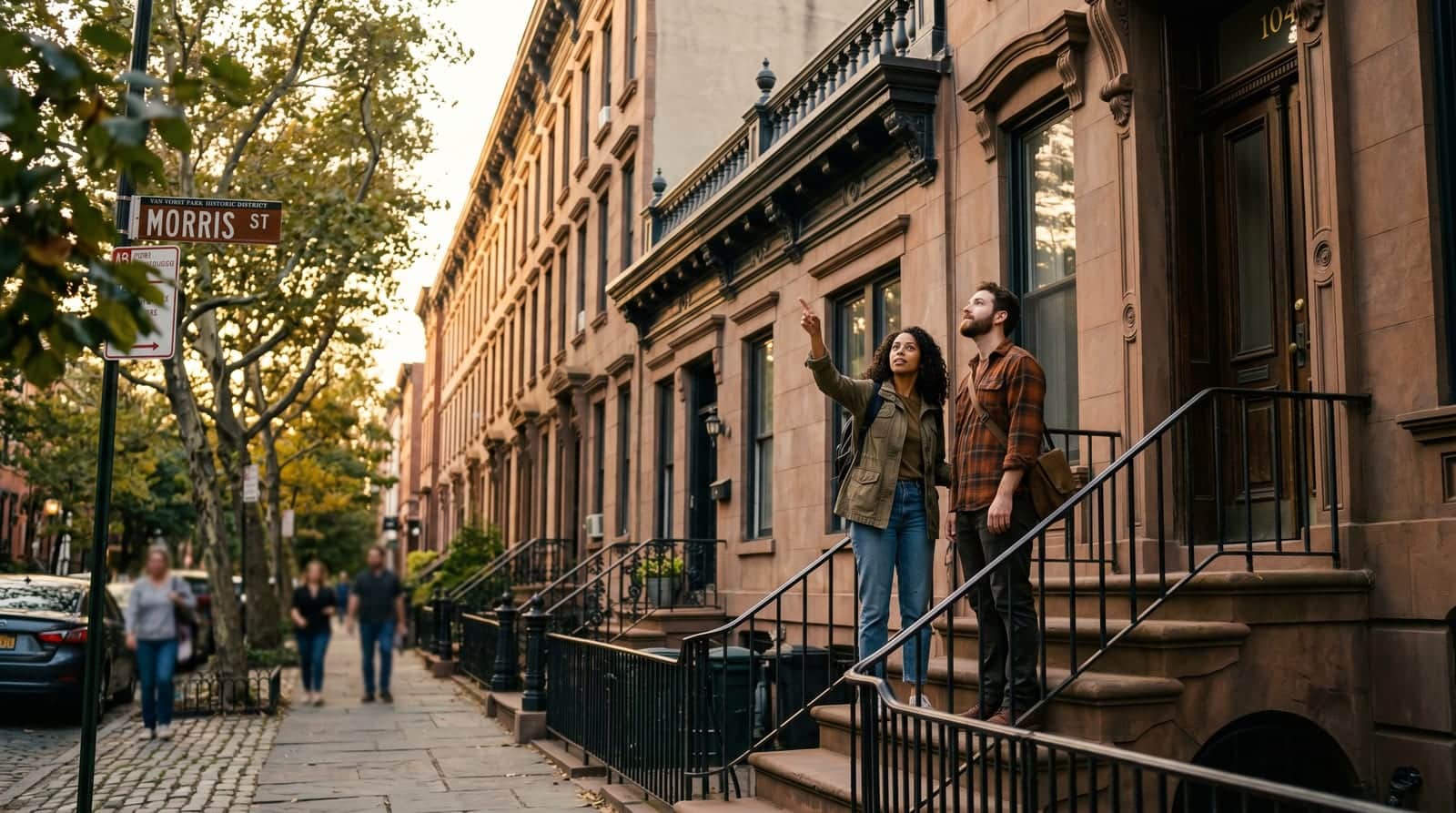 Young couple on a Jersey City brownstone stoop pointing up at the cornice and roofline
