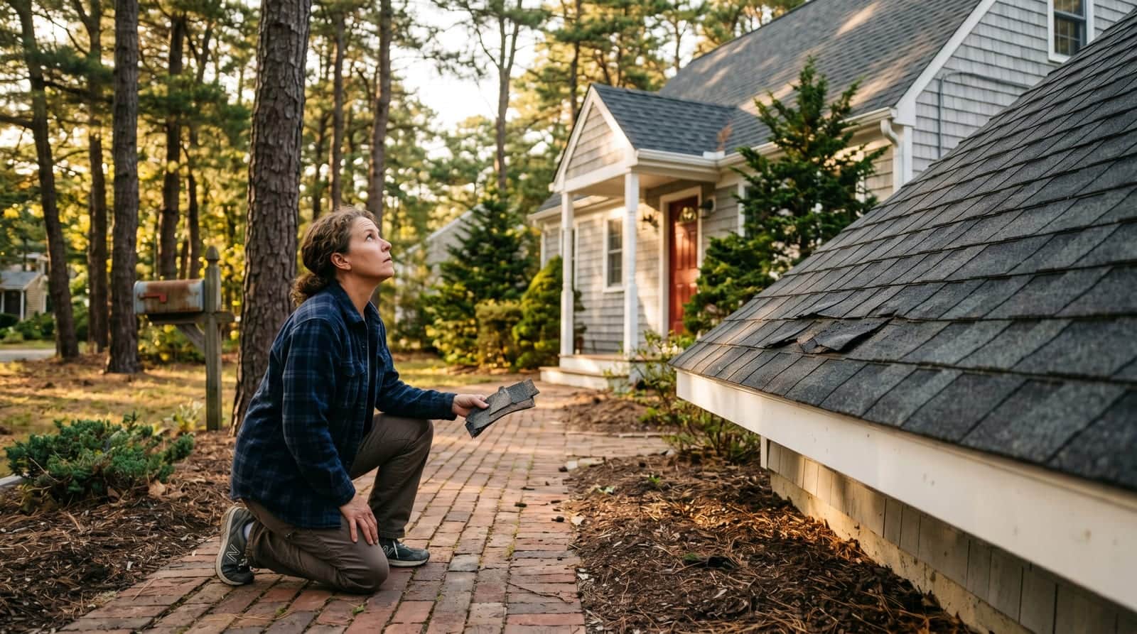 Lakewood NJ homeowner on a pine-shaded walkway examining a worn shingle from the Cape Cod roof