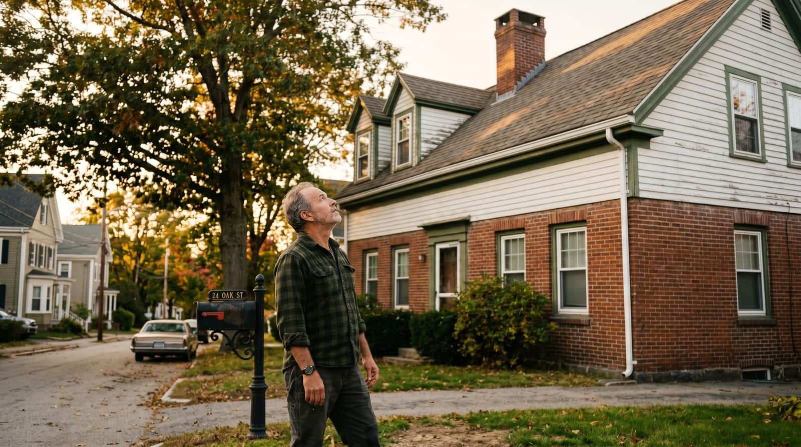 Lowell homeowner studying the roofline and chimney of a brick-and-clapboard Colonial on a leafy side street