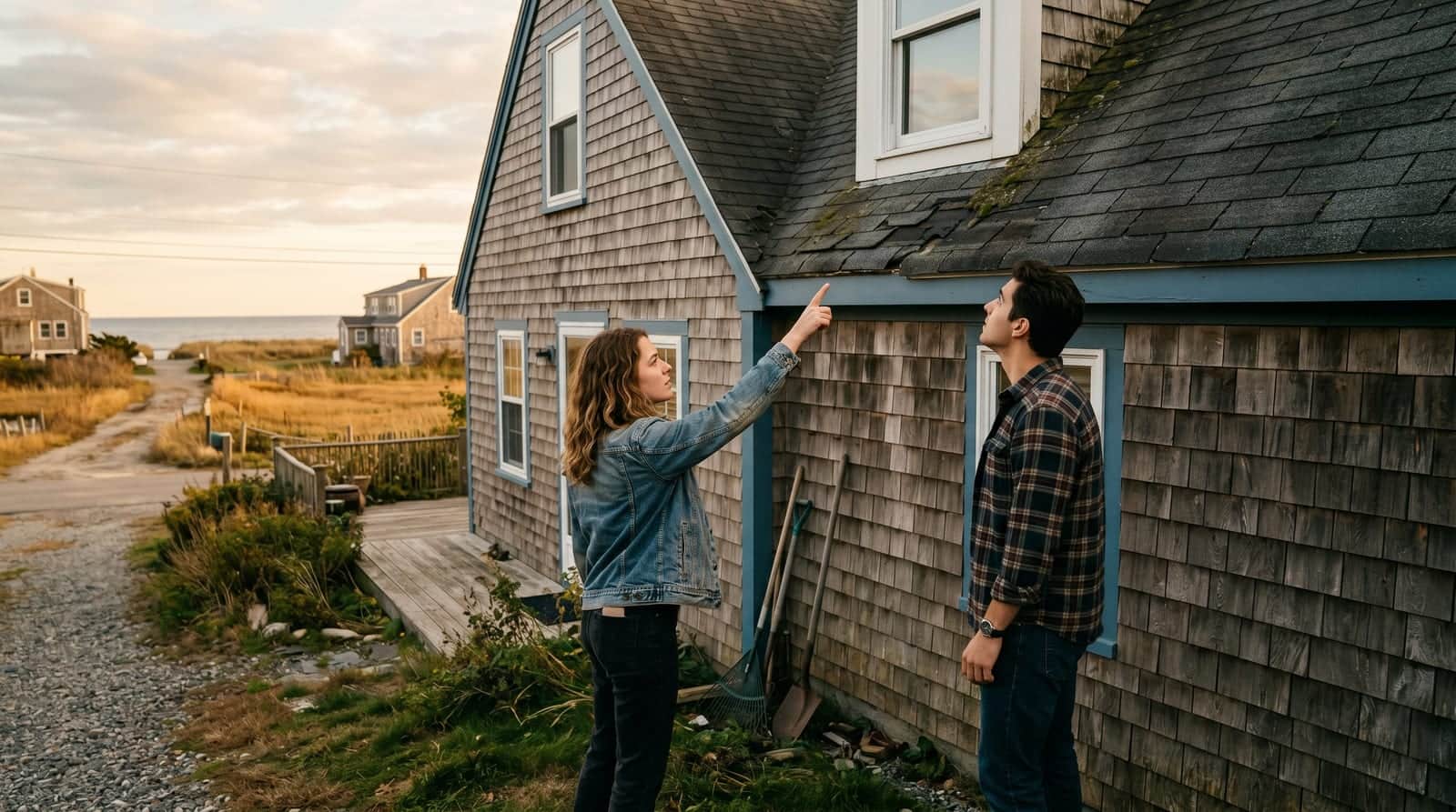 Lynn couple pointing at the roof of a weathered-shingle Cape Cod home near the Massachusetts coast