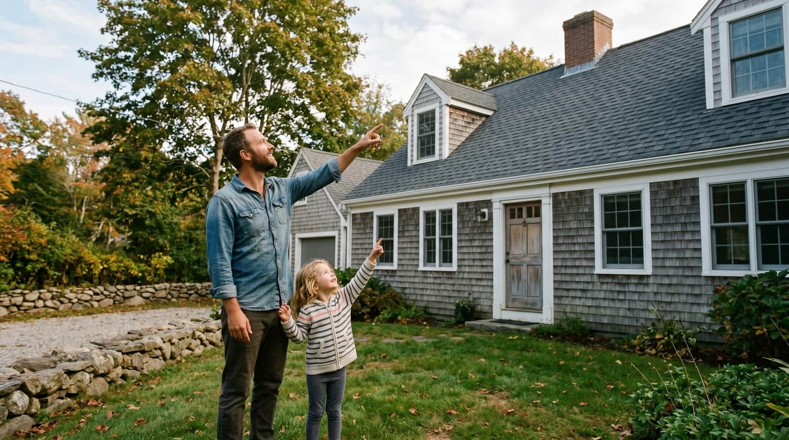 Massachusetts homeowners looking up at the new shingle roof of their Cape Cod home