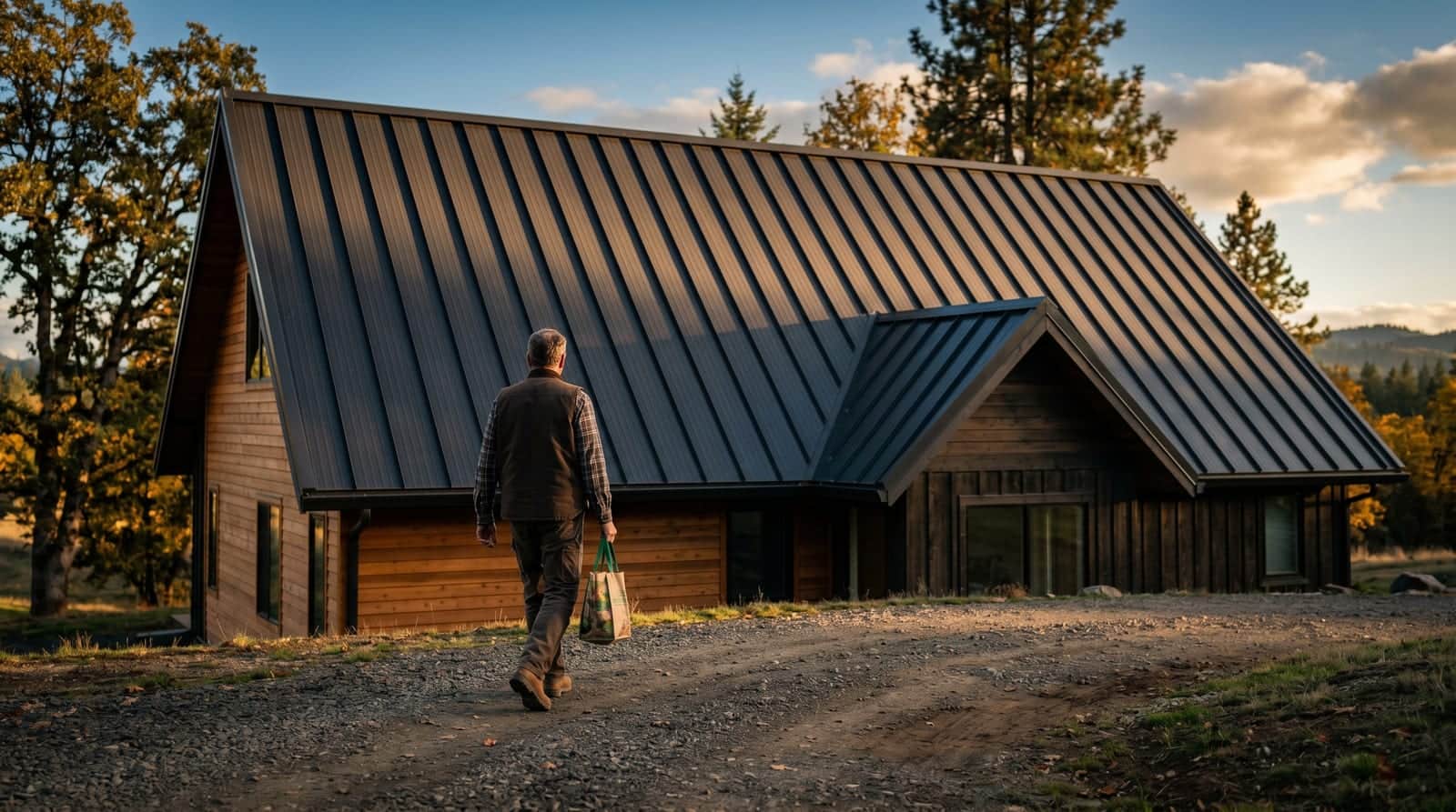 Homeowner walking toward a modern farmhouse with a standing-seam metal roof