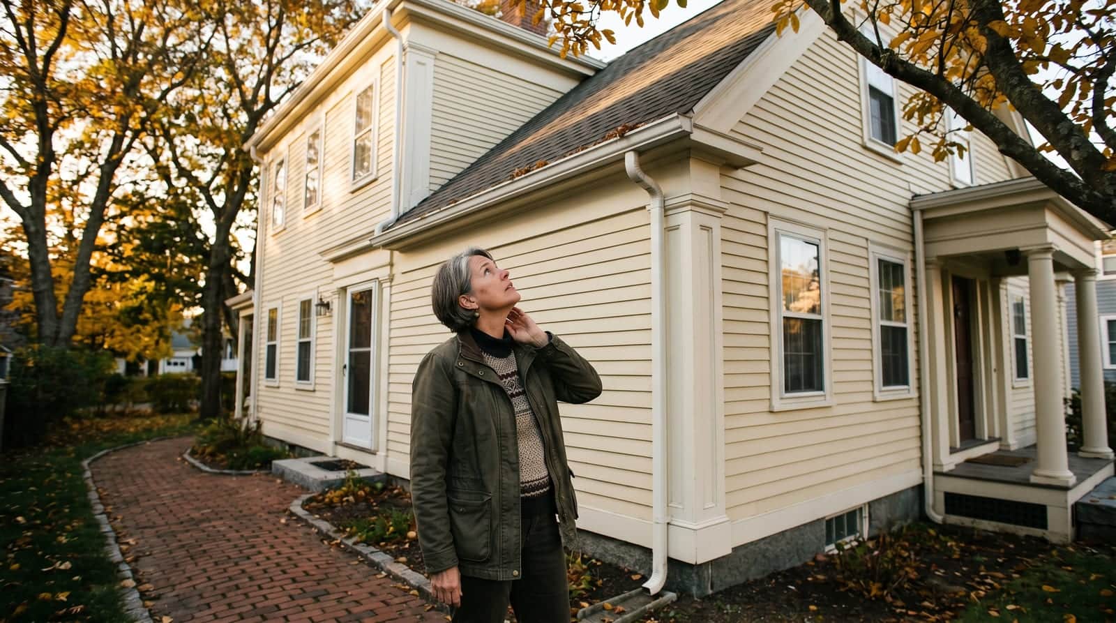 New Bedford homeowner examining the roof of a historic Greek Revival clapboard home shaded by mature hardwoods