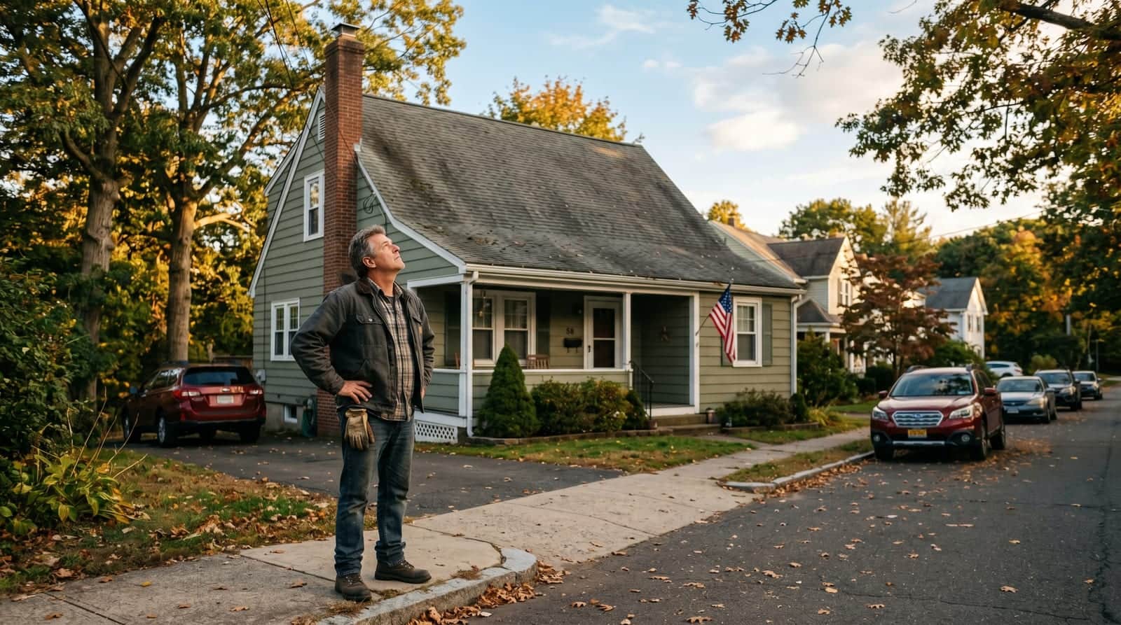 New Britain, Connecticut homeowner studying the shingle roof of a modest Colonial bungalow from the front sidewalk