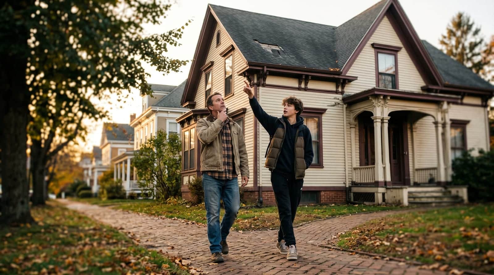 New Haven, Connecticut father and son walking up to a Greek Revival Victorian home and pointing at a missing shingle on the roof