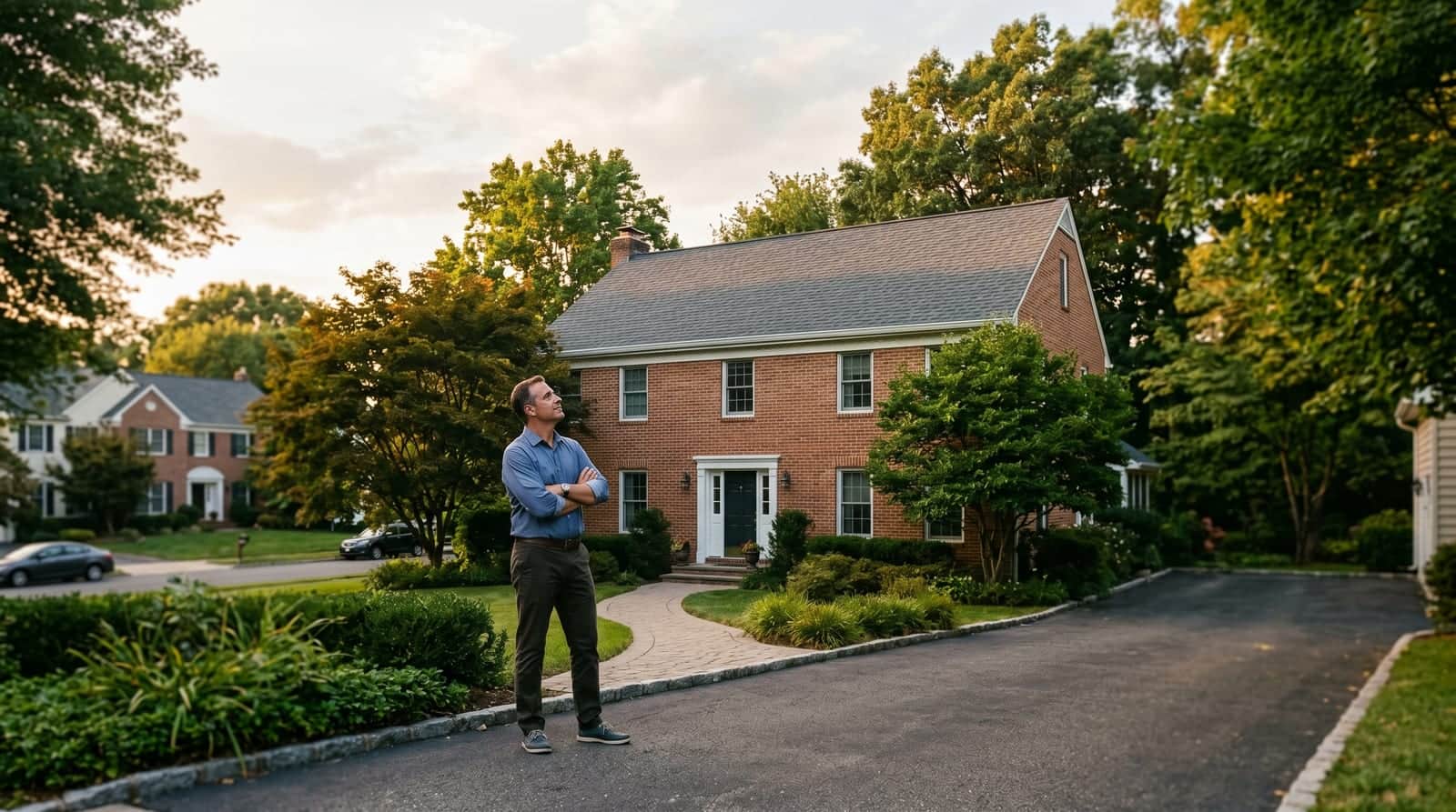 New Jersey homeowner reviewing the new roof on his brick center-hall colonial