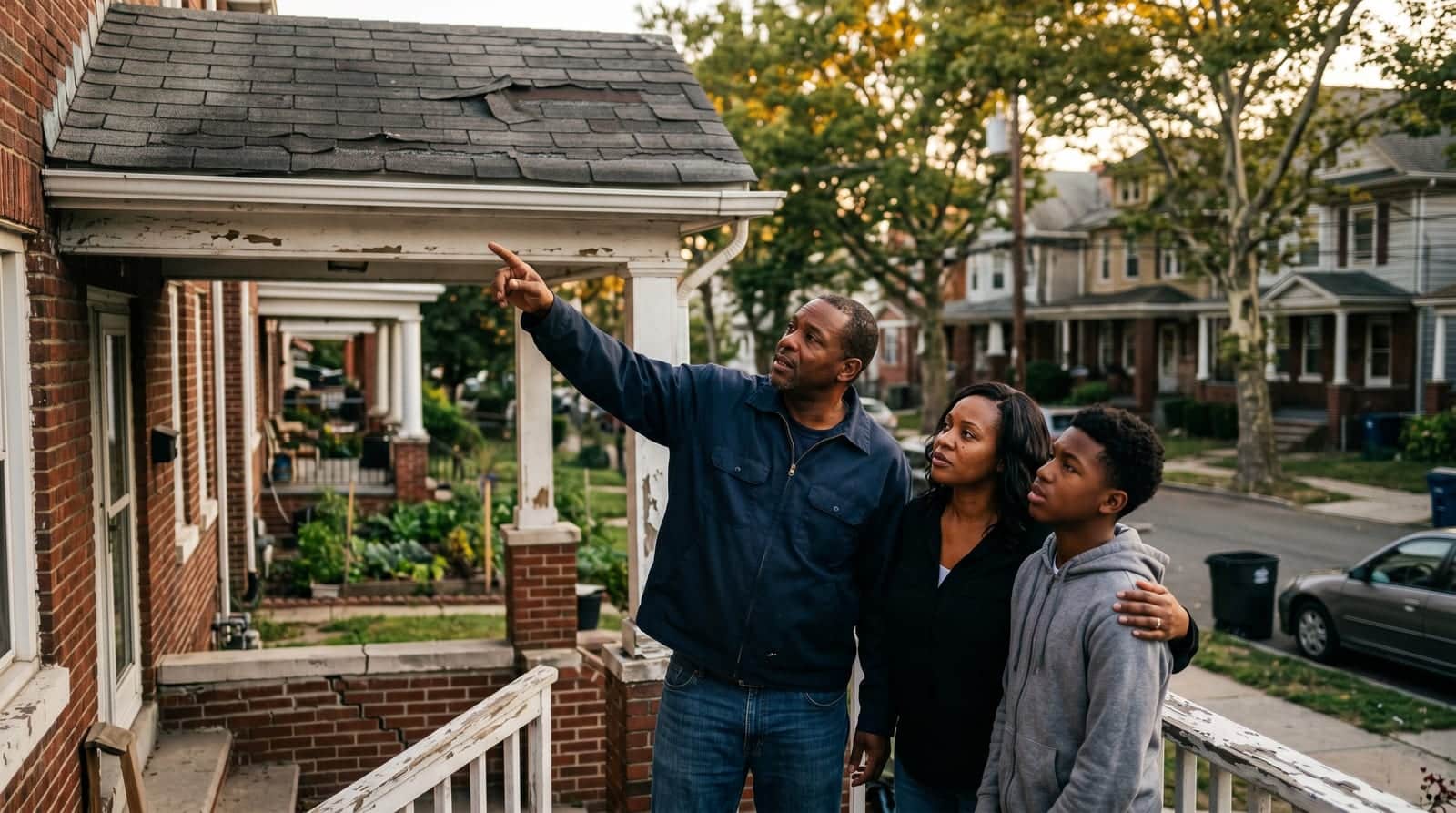 Newark NJ family on a brick Colonial porch pointing up at the aging shingle roof