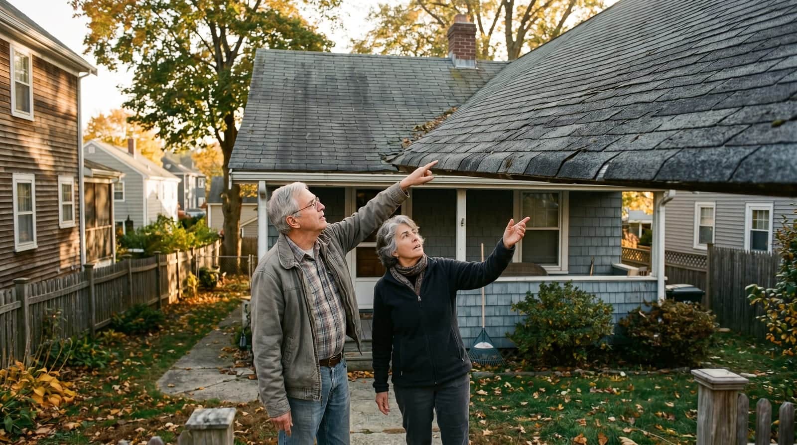 North Providence retirees inspecting the roof of their neighborhood bungalow