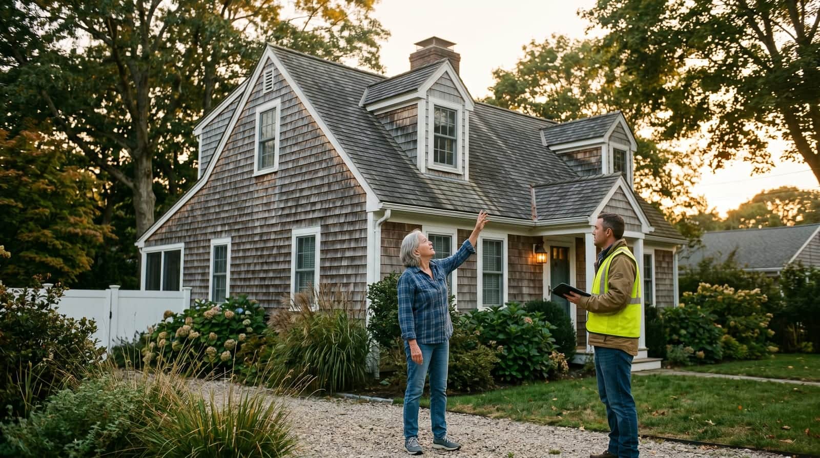Norwalk, Connecticut homeowner gesturing toward the roof eave of a coastal Cape Cod home with cedar shingle siding
