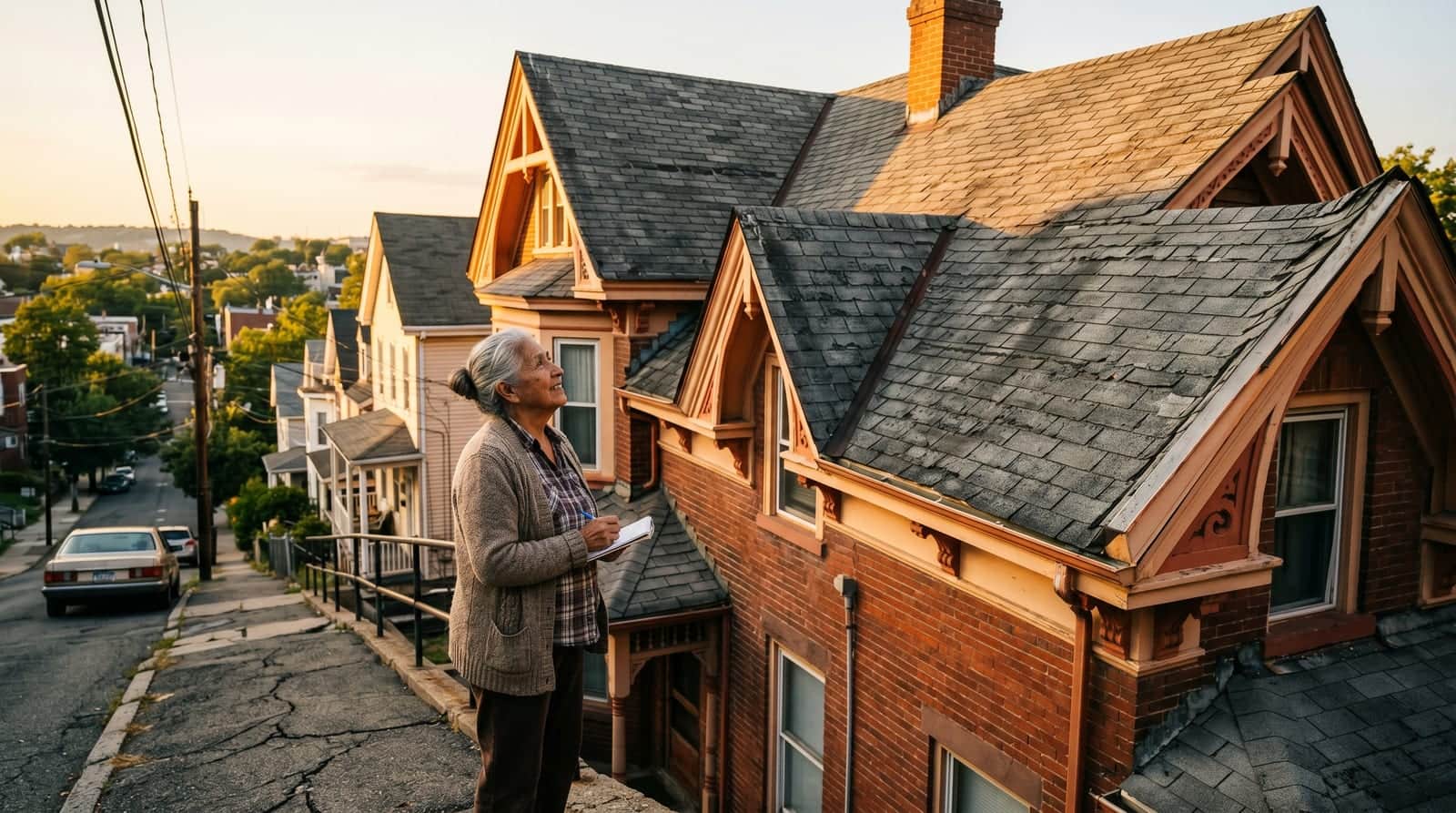 Paterson NJ homeowner on a hilly sidewalk looking up at the steep Victorian roof of their home