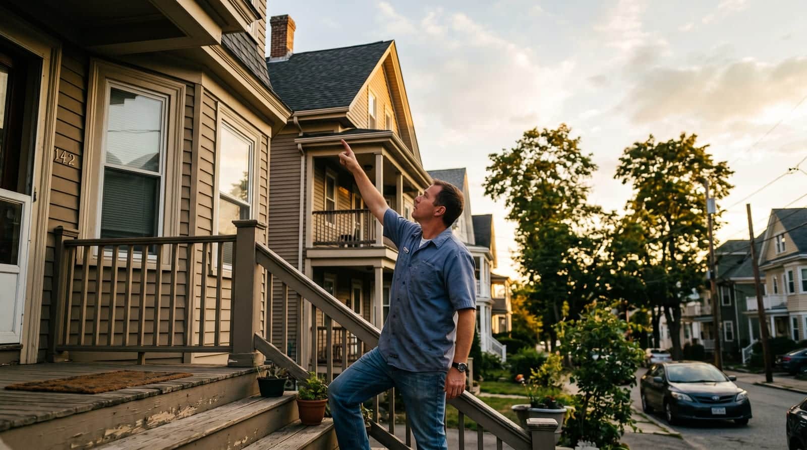 Pawtucket homeowner examining the roof of his historic triple-decker