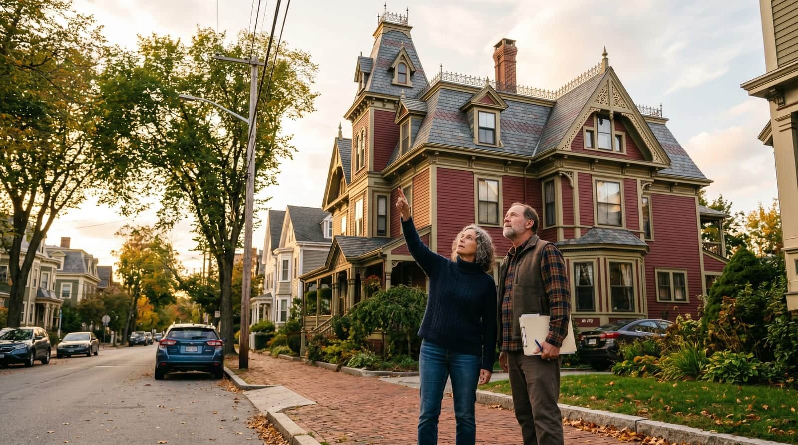 Providence homeowners inspecting the roof of their East Side Victorian